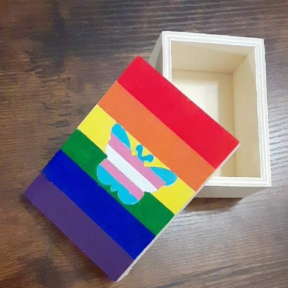 Other - Wooden Trinket Box with Hand-painted Rainbow Stripe and Trans Pride Butterfly